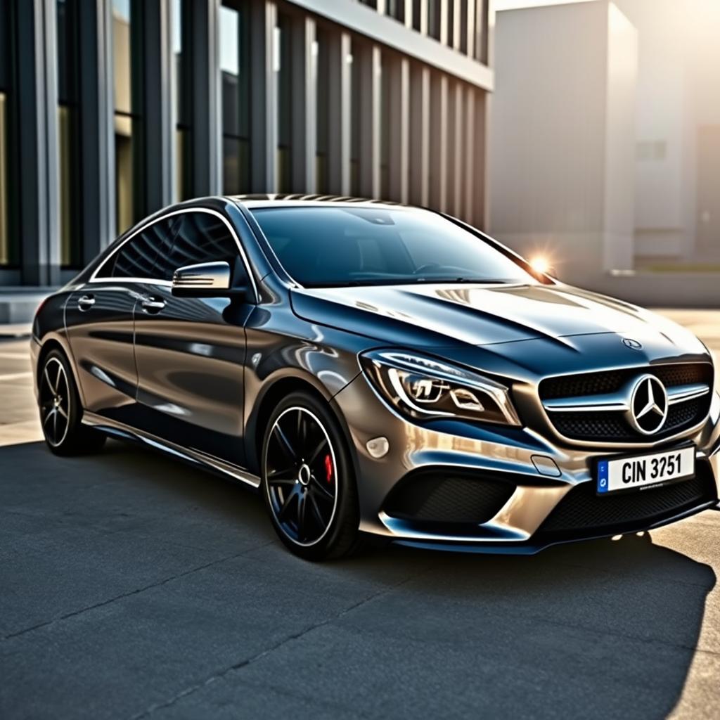 A sleek 2014 Mercedes CLA 180 in a stunning grey finish, showcasing its elegant design and aerodynamic curves
