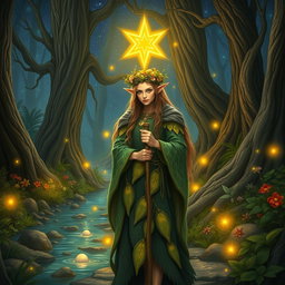 A mystical wood elf druid standing in an enchanted forest, surrounded by glowing ethereal lights, with intricate leaf-patterned robes and a crown made of vines