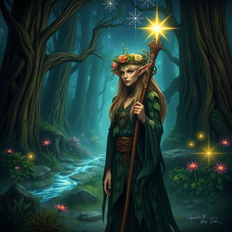 A mystical wood elf druid standing in an enchanted forest, surrounded by glowing ethereal lights, with intricate leaf-patterned robes and a crown made of vines