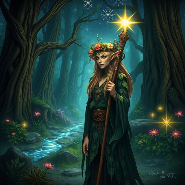 A mystical wood elf druid standing in an enchanted forest, surrounded by glowing ethereal lights, with intricate leaf-patterned robes and a crown made of vines