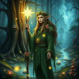 A mystical wood elf druid standing in an enchanted forest, surrounded by glowing ethereal lights, with intricate leaf-patterned robes and a crown made of vines