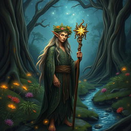 A mystical wood elf druid standing in an enchanted forest, surrounded by glowing ethereal lights, with intricate leaf-patterned robes and a crown made of vines
