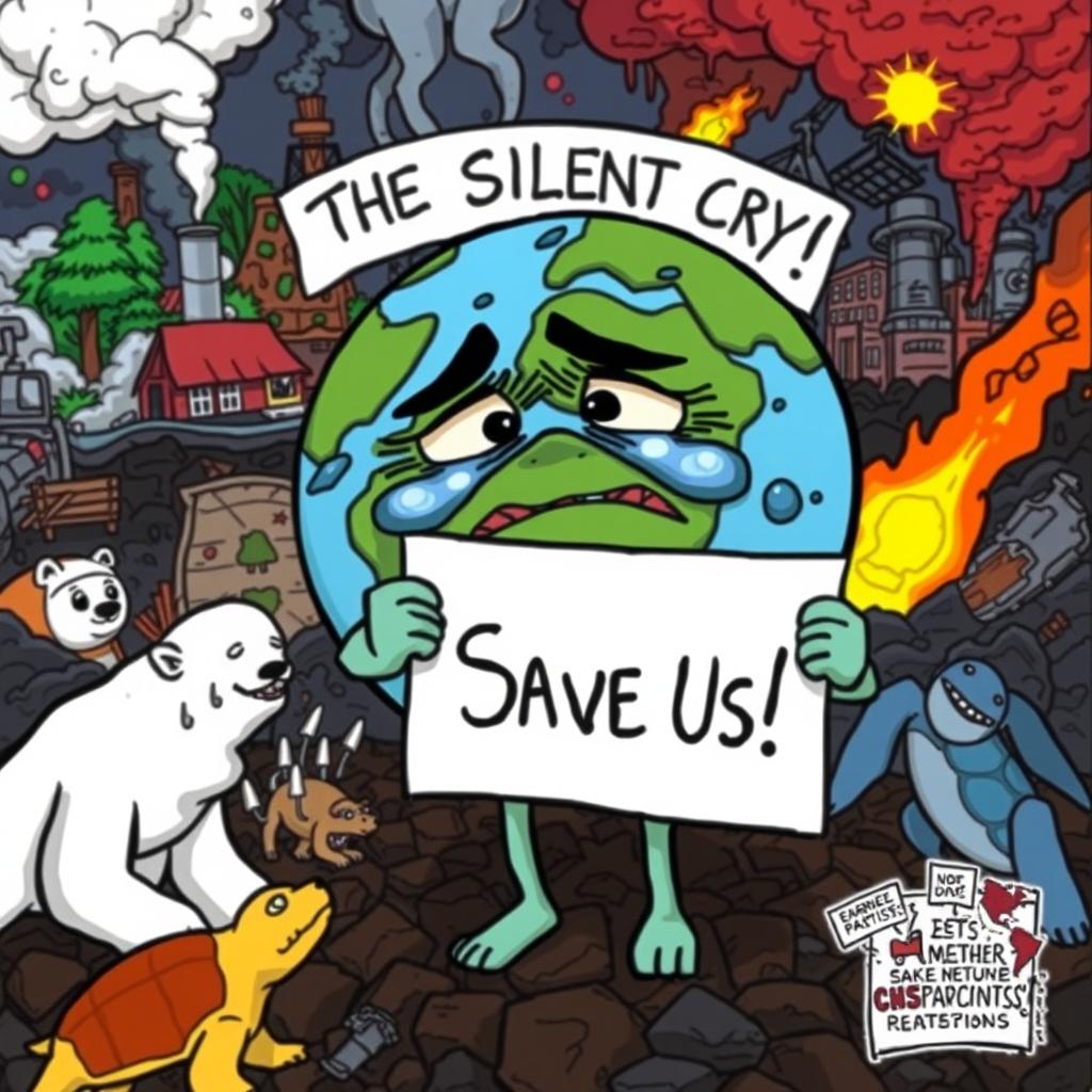 An editorial cartoon titled 'The Silent Cry for Environmental Conservation' illustrating a personified Earth with a worried, tearful face, holding a sign that reads 'Save Us!' amidst a chaotic scene
