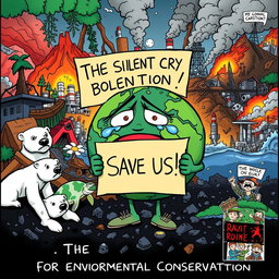 An editorial cartoon titled 'The Silent Cry for Environmental Conservation' illustrating a personified Earth with a worried, tearful face, holding a sign that reads 'Save Us!' amidst a chaotic scene