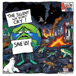 An editorial cartoon titled 'The Silent Cry for Environmental Conservation' illustrating a personified Earth with a worried, tearful face, holding a sign that reads 'Save Us!' amidst a chaotic scene