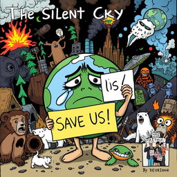 An editorial cartoon titled 'The Silent Cry for Environmental Conservation' illustrating a personified Earth with a worried, tearful face, holding a sign that reads 'Save Us!' amidst a chaotic scene