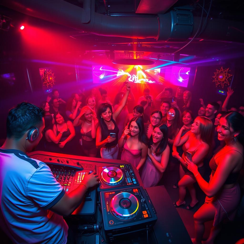 A vibrant nightclub scene filled with energy, featuring a DJ spinning music at a colorful turntable surrounded by lively dancers under pulsating lights