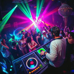 A vibrant nightclub scene filled with energy, featuring a DJ spinning music at a colorful turntable surrounded by lively dancers under pulsating lights