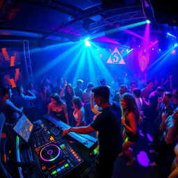 A vibrant nightclub scene filled with energy, featuring a DJ spinning music at a colorful turntable surrounded by lively dancers under pulsating lights