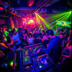 A vibrant nightclub scene filled with energy, featuring a DJ spinning music at a colorful turntable surrounded by lively dancers under pulsating lights