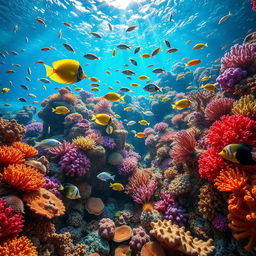 A stunning underwater scene showcasing a vibrant coral reef teeming with life