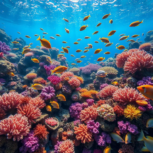 A stunning underwater scene showcasing a vibrant coral reef teeming with life