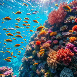 A stunning underwater scene showcasing a vibrant coral reef teeming with life