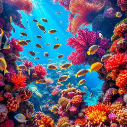 A stunning underwater scene showcasing a vibrant coral reef teeming with life