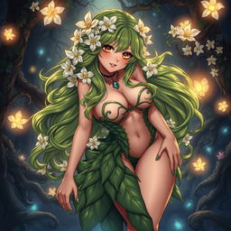 An alluring anime illustration of a plant girl with long, wavy green hair adorned with beautiful cream white flowers