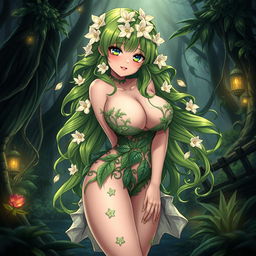 An alluring anime illustration of a plant girl with long, wavy green hair adorned with beautiful cream white flowers