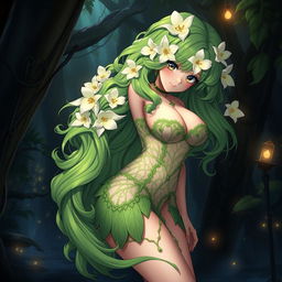 A stunning anime illustration of a plant girl with long, wavy green hair decorated with gorgeous cream white flowers