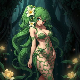 A stunning anime illustration of a plant girl with long, wavy green hair decorated with gorgeous cream white flowers