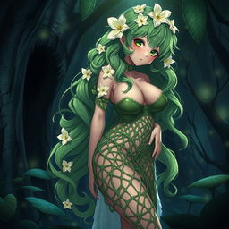 A stunning anime illustration of a plant girl with long, wavy green hair decorated with gorgeous cream white flowers