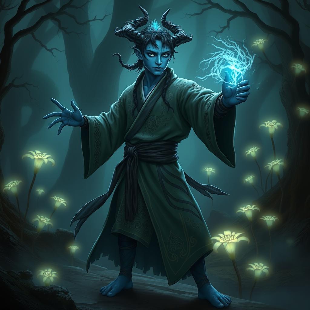 A simic hybrid monk with striking blue skin and glowing eyes, dressed in a flowing robe adorned with intricate patterns representing nature