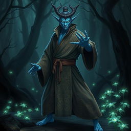 A simic hybrid monk with striking blue skin and glowing eyes, dressed in a flowing robe adorned with intricate patterns representing nature