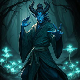A simic hybrid monk with striking blue skin and glowing eyes, dressed in a flowing robe adorned with intricate patterns representing nature