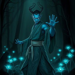 A simic hybrid monk with striking blue skin and glowing eyes, dressed in a flowing robe adorned with intricate patterns representing nature