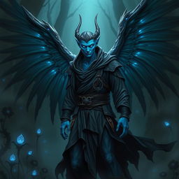 A Simic hybrid monk with majestic wings, showcasing blue skin and glowing eyes, set in a dark fantasy atmosphere