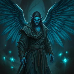 A Simic hybrid monk with majestic wings, showcasing blue skin and glowing eyes, set in a dark fantasy atmosphere