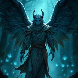 A Simic hybrid monk with majestic wings, showcasing blue skin and glowing eyes, set in a dark fantasy atmosphere
