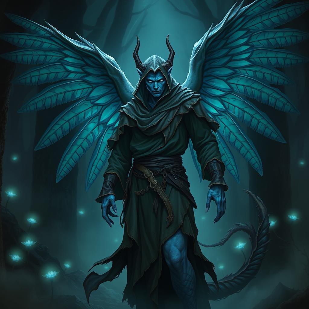 A Simic hybrid monk with majestic wings, showcasing blue skin and glowing eyes, set in a dark fantasy atmosphere