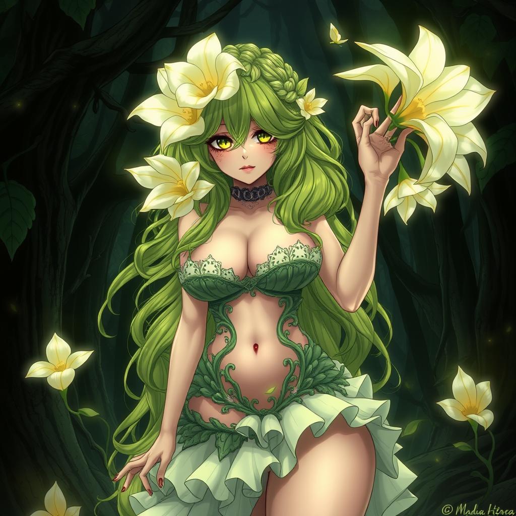 A captivating gothic anime illustration of a plant girl with long, wavy green hair adorned with striking cream white flowers