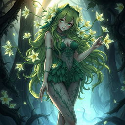 A captivating gothic anime illustration of a plant girl with long, wavy green hair adorned with striking cream white flowers