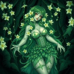 A captivating gothic anime illustration of a plant girl with long, wavy green hair adorned with striking cream white flowers