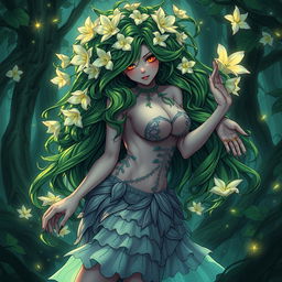A captivating gothic anime illustration of a plant girl with long, wavy green hair adorned with striking cream white flowers