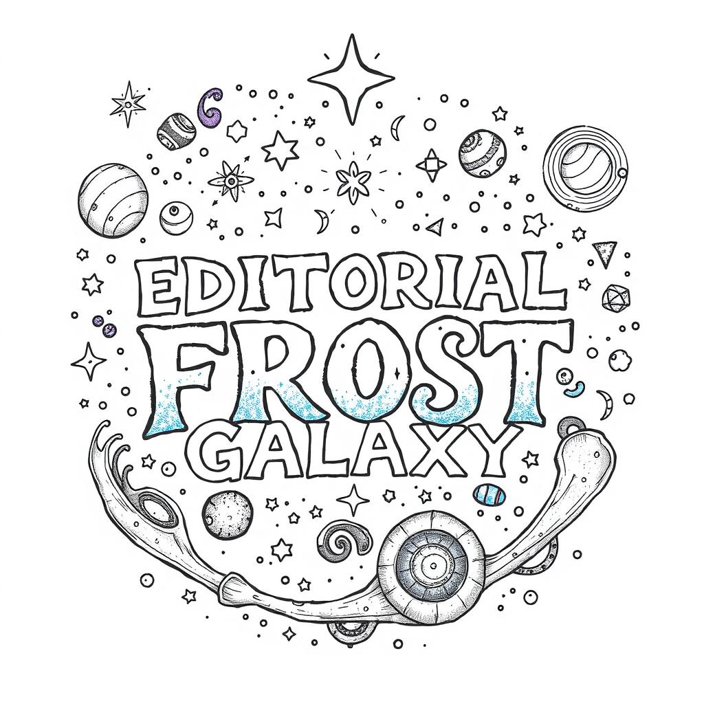 A hand-drawn logo design inspired by the galaxy and literature, featuring intricate illustrations of stars, planets, and swirling galaxies