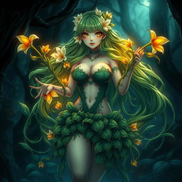 A striking gothic anime depiction of a plant girl featuring long, wavy green hair adorned with cream white flowers