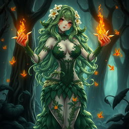 A striking gothic anime depiction of a plant girl featuring long, wavy green hair adorned with cream white flowers