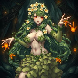A striking gothic anime depiction of a plant girl featuring long, wavy green hair adorned with cream white flowers