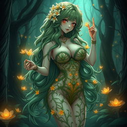 A mesmerizing gothic anime representation of a plant girl, showcasing her long, wavy green hair adorned with delicate cream white flowers