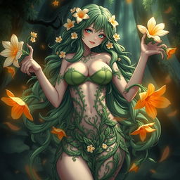 A mesmerizing gothic anime representation of a plant girl, showcasing her long, wavy green hair adorned with delicate cream white flowers