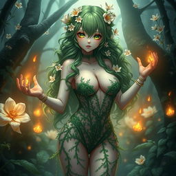 A mesmerizing gothic anime representation of a plant girl, showcasing her long, wavy green hair adorned with delicate cream white flowers