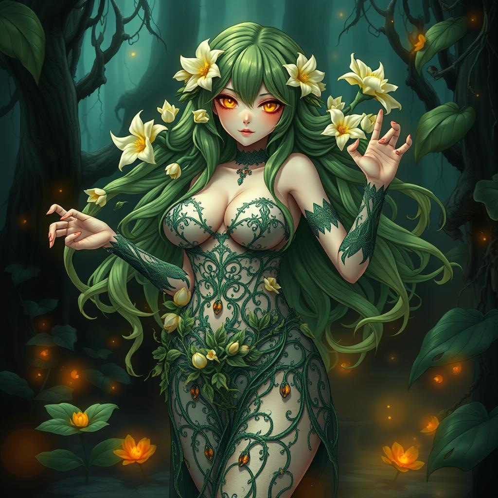 An enchanting gothic anime portrayal of a plant girl, featuring long, wavy green hair beautifully adorned with delicate cream white flowers