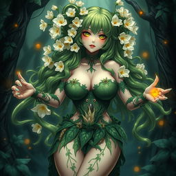 An enchanting gothic anime portrayal of a plant girl, featuring long, wavy green hair beautifully adorned with delicate cream white flowers