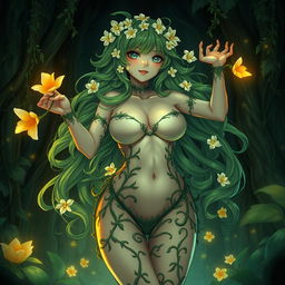 An alluring gothic anime illustration of a plant girl featuring long, wavy green hair decorated with cream white flowers