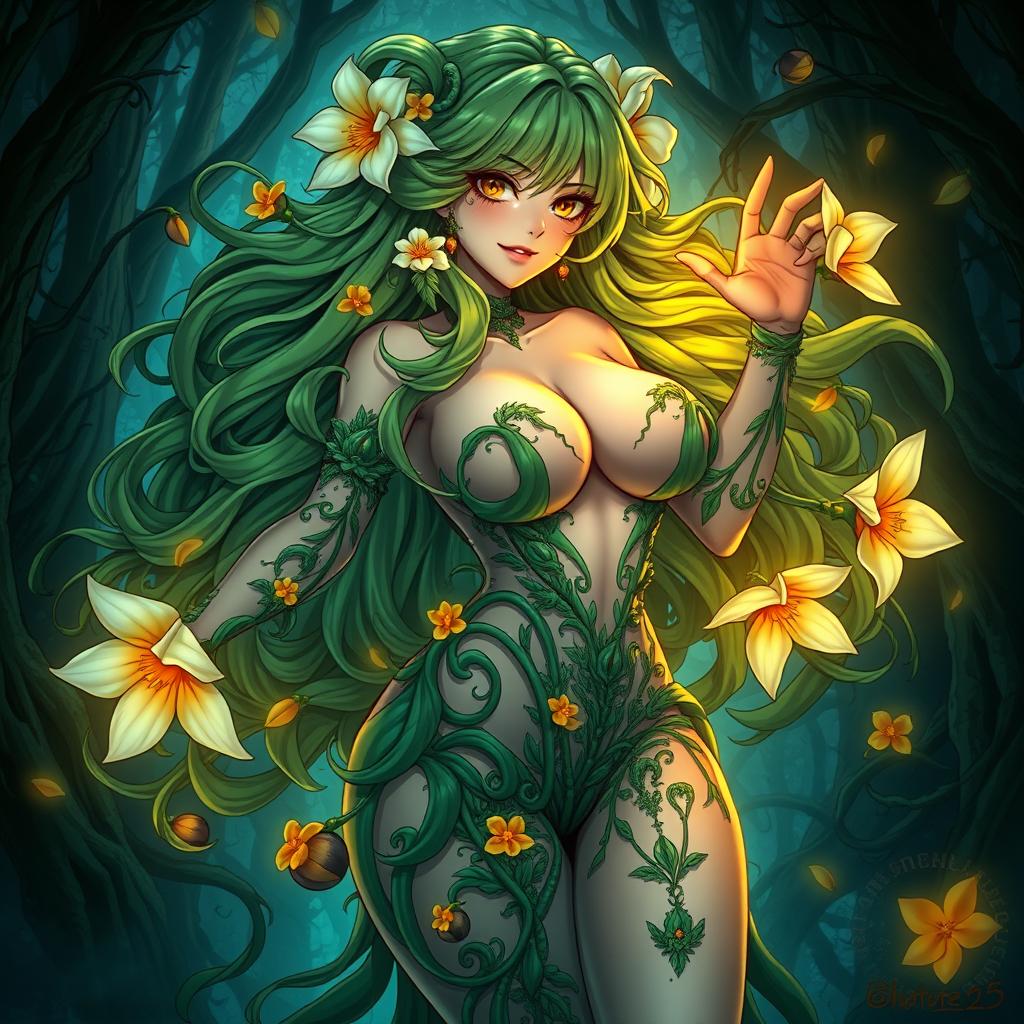 An alluring gothic anime illustration of a plant girl featuring long, wavy green hair decorated with cream white flowers