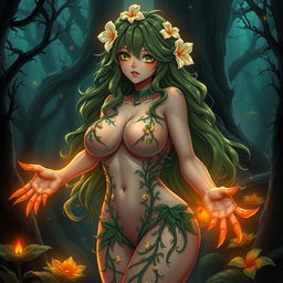 An alluring gothic anime illustration of a plant girl featuring long, wavy green hair decorated with cream white flowers