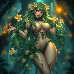 An alluring gothic anime illustration of a plant girl featuring long, wavy green hair decorated with cream white flowers