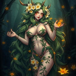 A striking gothic anime depiction of a dominant plant girl, featuring long, wavy green hair beautifully embellished with cream white flowers