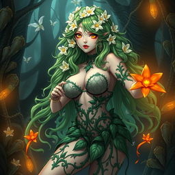 A striking gothic anime depiction of a dominant plant girl, featuring long, wavy green hair beautifully embellished with cream white flowers